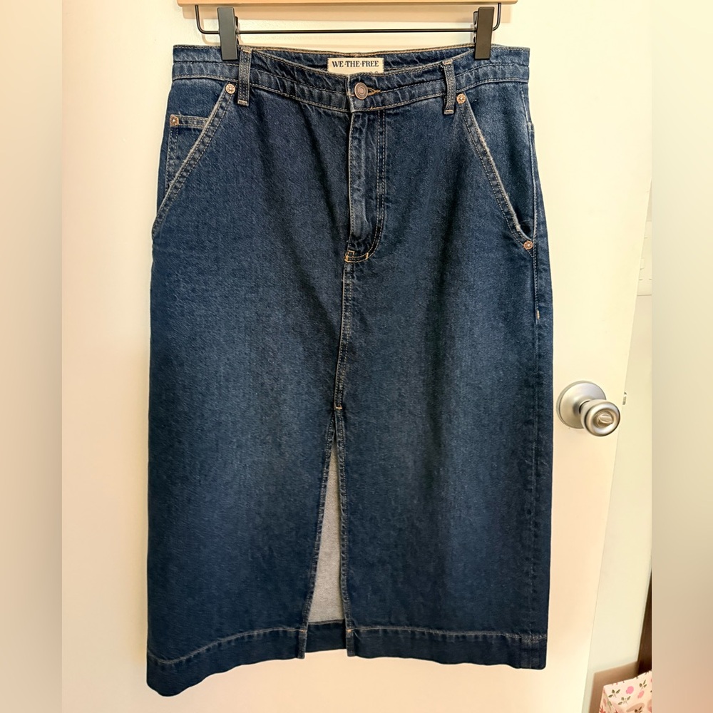 We The People Blue Denim Midi Skirt Front slit